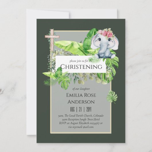 Baby Elephant CHRISTENING Invite for Girls Oerwoud Kaart (Voorkant)