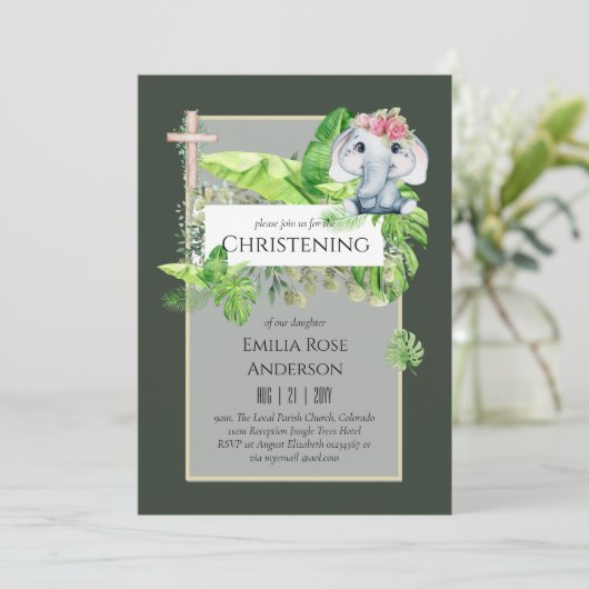 Baby Elephant CHRISTENING Invite for Girls Oerwoud Kaart (Staand voorkant)
