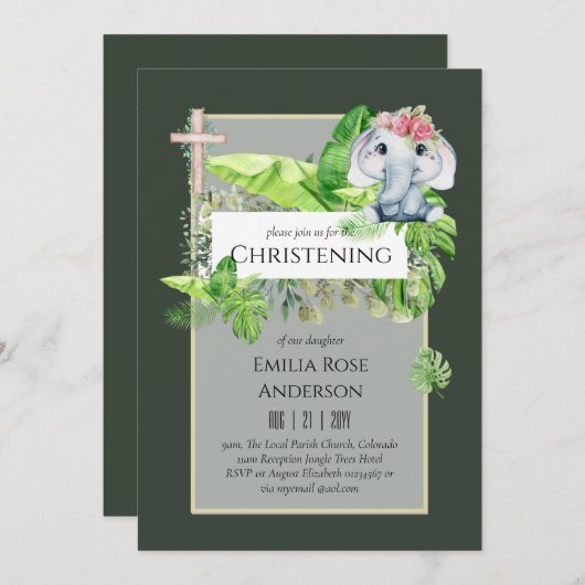 Baby Elephant CHRISTENING Invite for Girls Oerwoud Kaart (Voorkant / Achterkant)