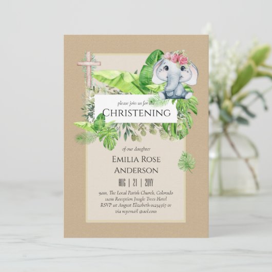 Baby Elephant CHRISTENING Invite for Girls Oerwoud Kaart (Staand voorkant)