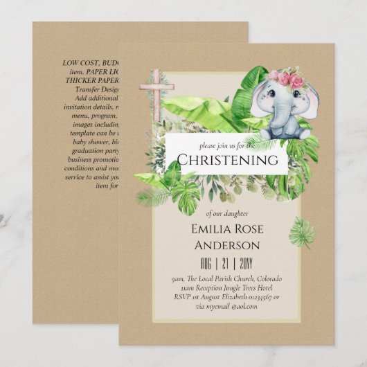 Baby Elephant CHRISTENING Invite for Girls Oerwoud Kaart (Voorkant / Achterkant)