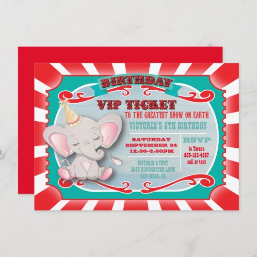Baby Elephant Circus Ticket Birthday Uitnodiging (Voorkant / Achterkant)