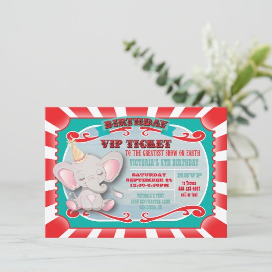 Baby Elephant Circus Ticket Birthday Uitnodiging (Staand voorkant)