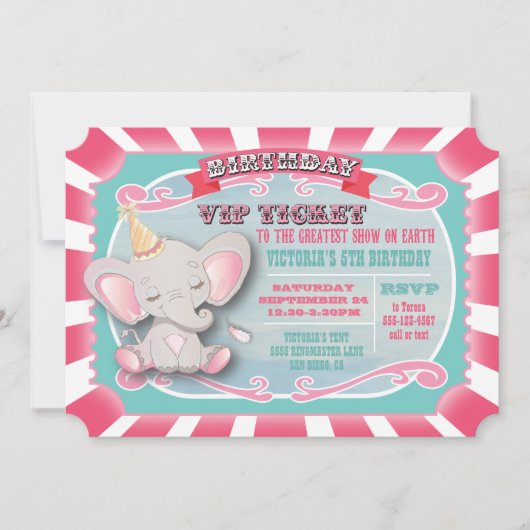 Baby Elephant Circus Ticket Birthday Uitnodiging (Voorkant)