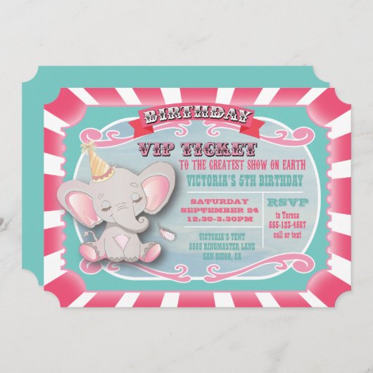 Baby Elephant Circus Ticket Birthday Uitnodiging (Voorkant / Achterkant)