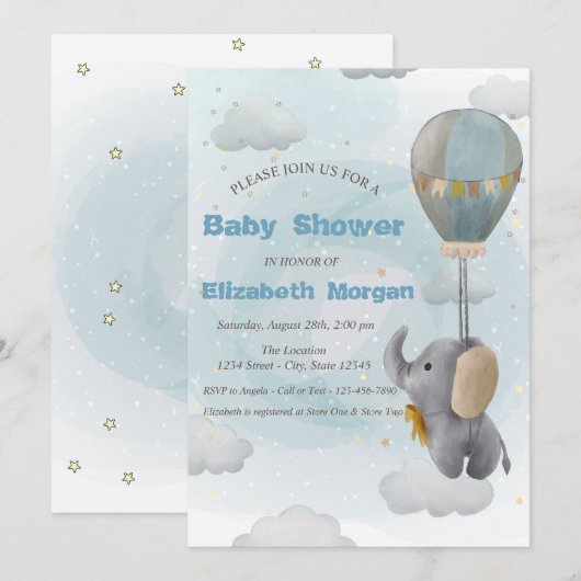 Baby Elephant, Cloud, Baby shower sterren Kaart (Voorkant / Achterkant)