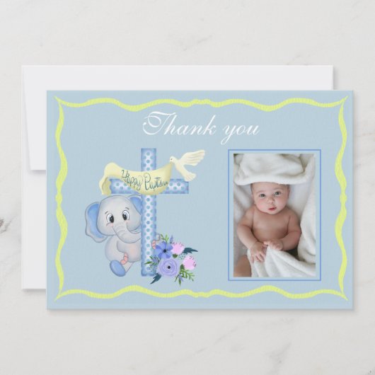 Baby Elephant Cross en Dove Baptisme Hartelijk dan Bedankkaart (Voorkant)
