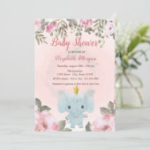 Baby Elephant Crown Floral Baby shower Invitation Kaart (Staand voorkant)