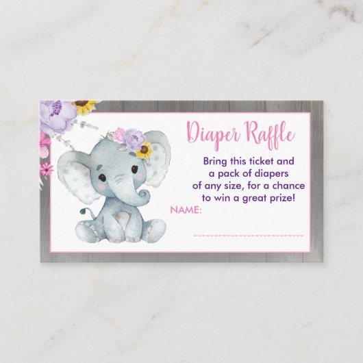Baby Elephant diaper raffle Paars Roze Geel Informatiekaartje (Voorkant)