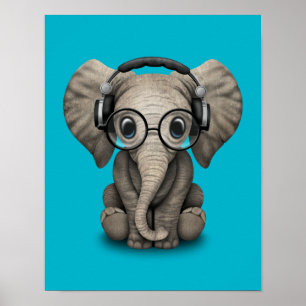 Baby Elephant Dj met hoofdtelefoon Poster