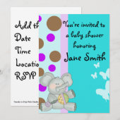 Baby Elephant en Butterflies Shower Invitation Kaart (Voorkant / Achterkant)