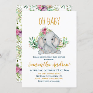 Baby Elephant en Flowers Baby shower Kaart