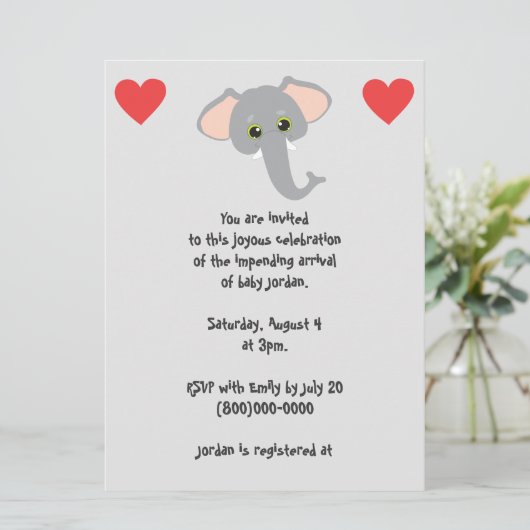 Baby Elephant en Hearts Grey Baby shower Kaart (Staand voorkant)