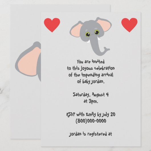 Baby Elephant en Hearts Grey Baby shower Kaart (Voorkant / Achterkant)