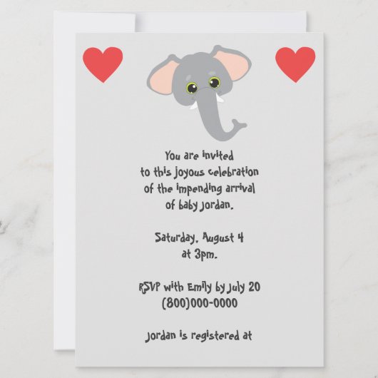 Baby Elephant en Hearts Grey Baby shower Kaart (Voorkant)