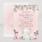 Baby Elephant Floral Baby shower Invitation Kaart (Voorkant / Achterkant)
