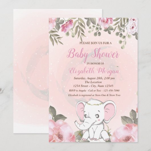Baby Elephant Floral Baby shower Invitation Kaart (Voorkant / Achterkant)