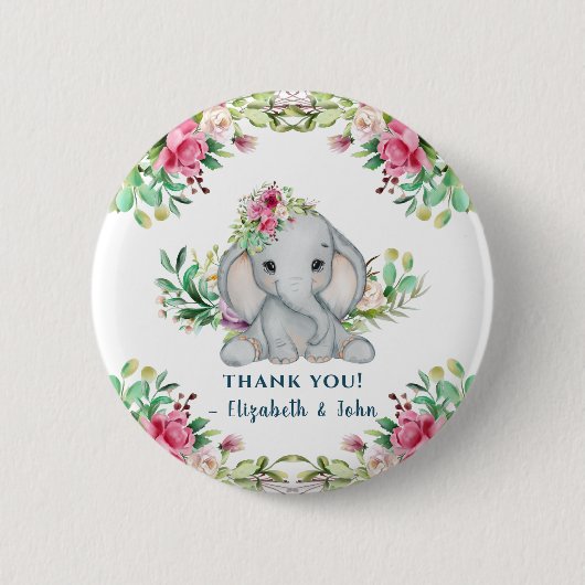 Baby Elephant Flower Baby shower Dank u Button (Voorkant)