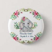 Baby Elephant Flower Baby shower Dank u Button