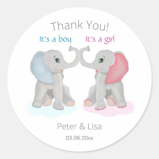 Baby Elephant Gender onthullen Hartelijk dank Ronde Sticker (Voorkant)