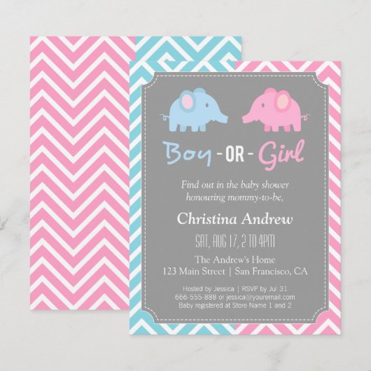 Baby Elephant Gender Reopenbaart Baby shower Party Kaart (Voorkant / Achterkant)