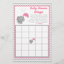 Baby Elephant Girl Baby shower Game Bingo Kaart