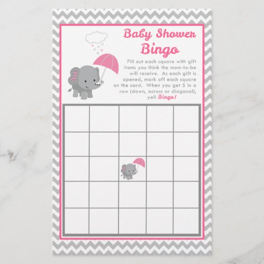 Baby Elephant Girl Baby shower Game Bingo Kaart (Voorkant)