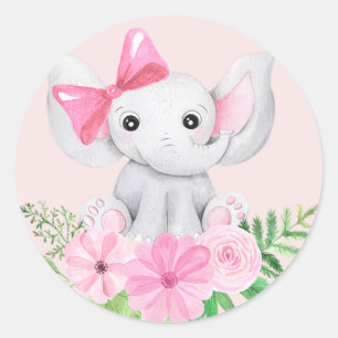 Baby Elephant Girl Birthday Party Sticker Roze
