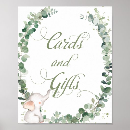 Baby Elephant Greenery Shower Kaarten en Gifts Poster (Voorkant)