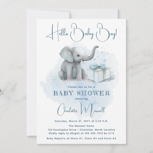 Baby Elephant Hallo Baby Boy Blue Baby shower Kaart (Voorkant)