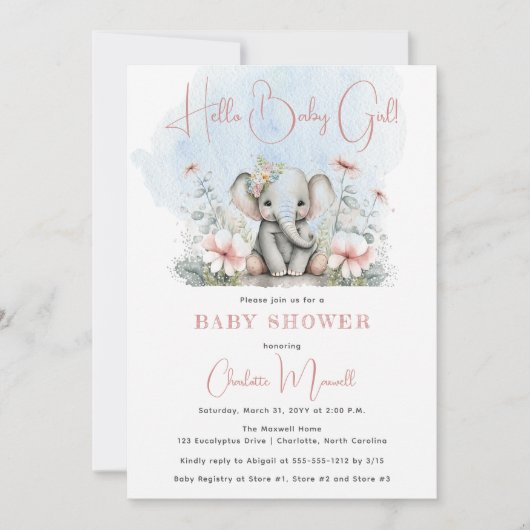 Baby Elephant Hallo Baby Girl Floral Baby shower Kaart (Voorkant)