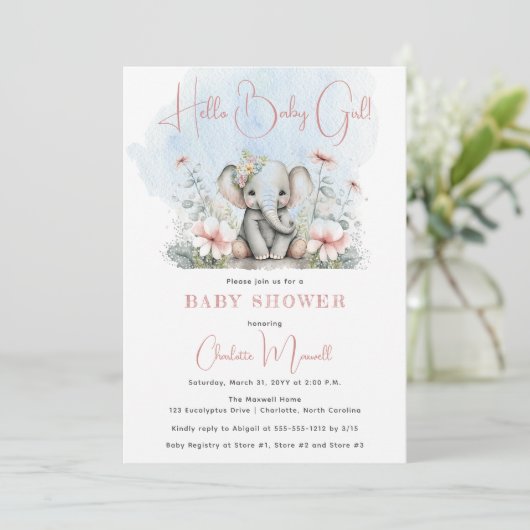 Baby Elephant Hallo Baby Girl Floral Baby shower Kaart (Staand voorkant)