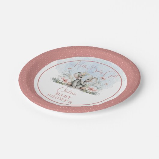 Baby Elephant Hallo Baby Girl Floral Baby shower Papieren Bordje (Gekanteld)