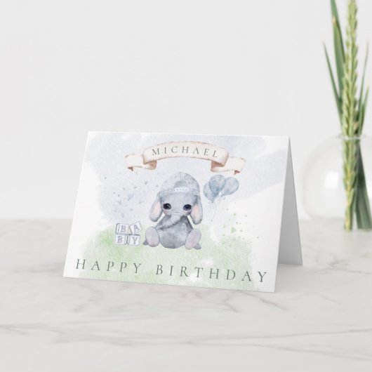 Baby Elephant Happy Birthday voor zijn Waterverf Kaart (Voorkant)