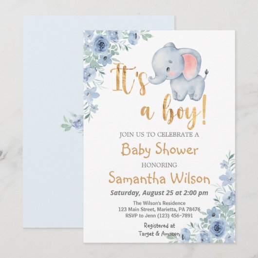 Baby Elephant Het is een Baby shower van een jonge Kaart (Voorkant / Achterkant)