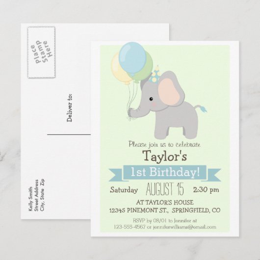 Baby Elephant Kind verjaardagsfeestje Uitnodiging Briefkaart (Voorkant / Achterkant)