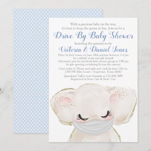 Baby Elephant met Masker Drive Door Baby shower Kaart (Voorkant / Achterkant)
