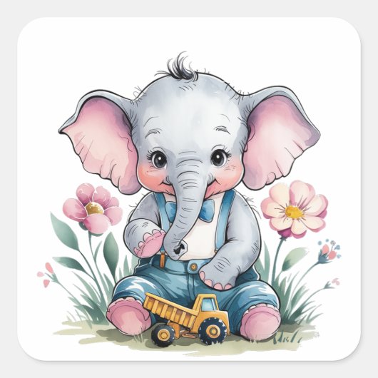 Baby Elephant met Truck Baby shower Vierkante Sticker (Voorkant)