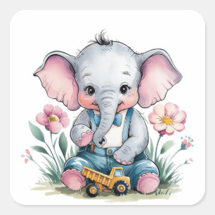 Baby Elephant met Truck Baby shower Vierkante Sticker