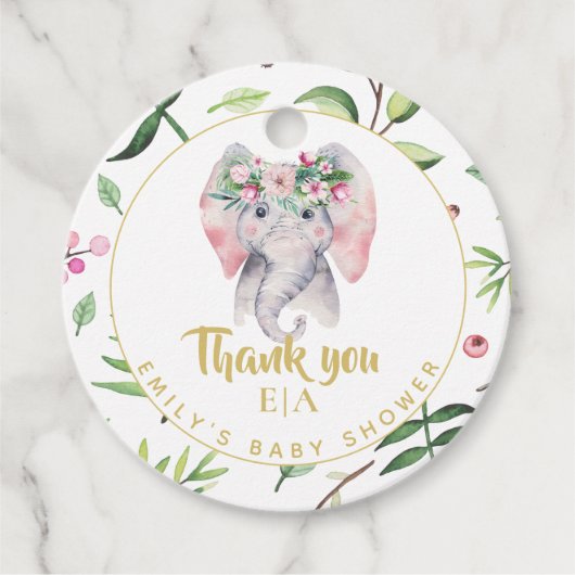 Baby Elephant Monogram Pink Floral Hartelijk dank Bedankjes Labels (Voorkant)