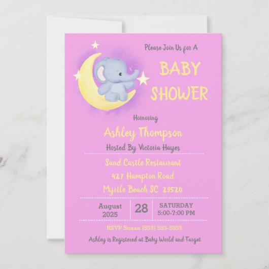 Baby Elephant Moon and Stars Baby shower Kaart (Voorkant)