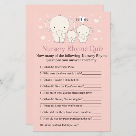Baby Elephant Nursery Rhyme Quiz baby shower game (Voorkant / Achterkant)