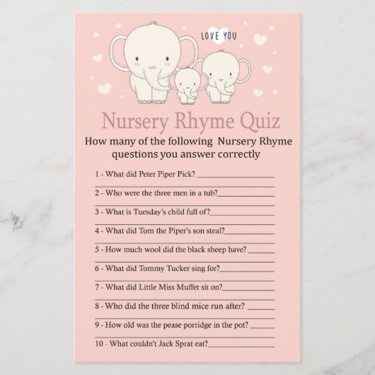 Baby Elephant Nursery Rhyme Quiz baby shower game (Voorkant)