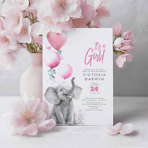 Baby Elephant Pink and Grey Cute Girl Baby shower Kaart