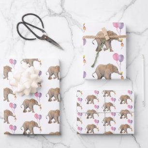 Baby Elephant pink & violet balloon Set x3 Inpakpapier Vel