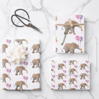 Baby Elephant pink & violet balloon Set x3 Inpakpapier Vel