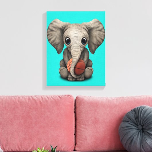 Baby Elephant Playing With Basketball Canvas Afdruk (Insitu (Woonkamer))