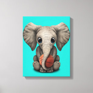 Baby Elephant Playing With Basketball Canvas Afdruk