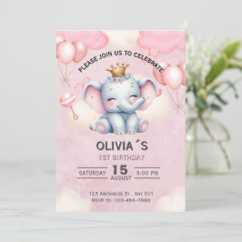 Baby Elephant Princess 1st Birthday Invitation Kaart