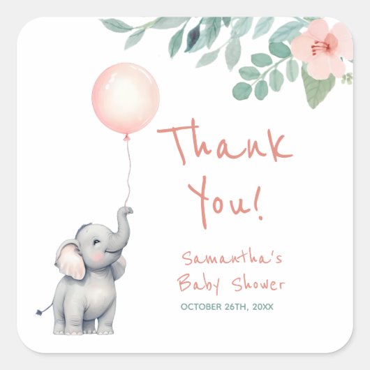 Baby Elephant Roze Baby shower Dank u wel Vierkante Sticker (Voorkant)